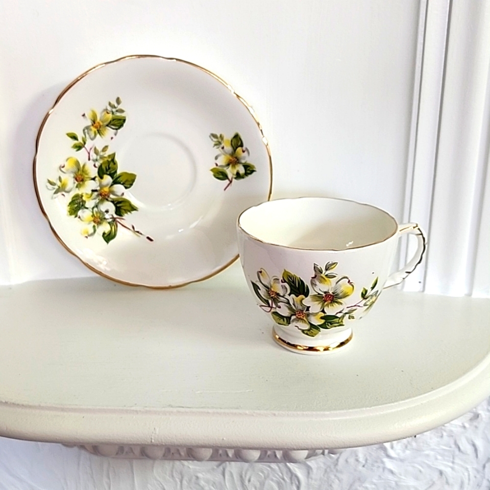 Vintage Delphine White Dogwood Cup and Saucer. Canadian Dogwood Design England